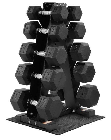 Fitvids Rubber Coated Hex Dumbbell Set with Rack