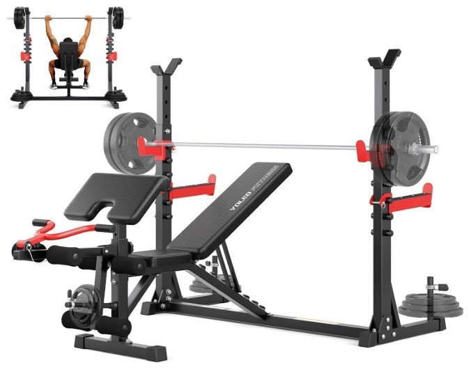 YOLEO Workout Bench with Squat Rack, Leg Extension, Preacher Curl