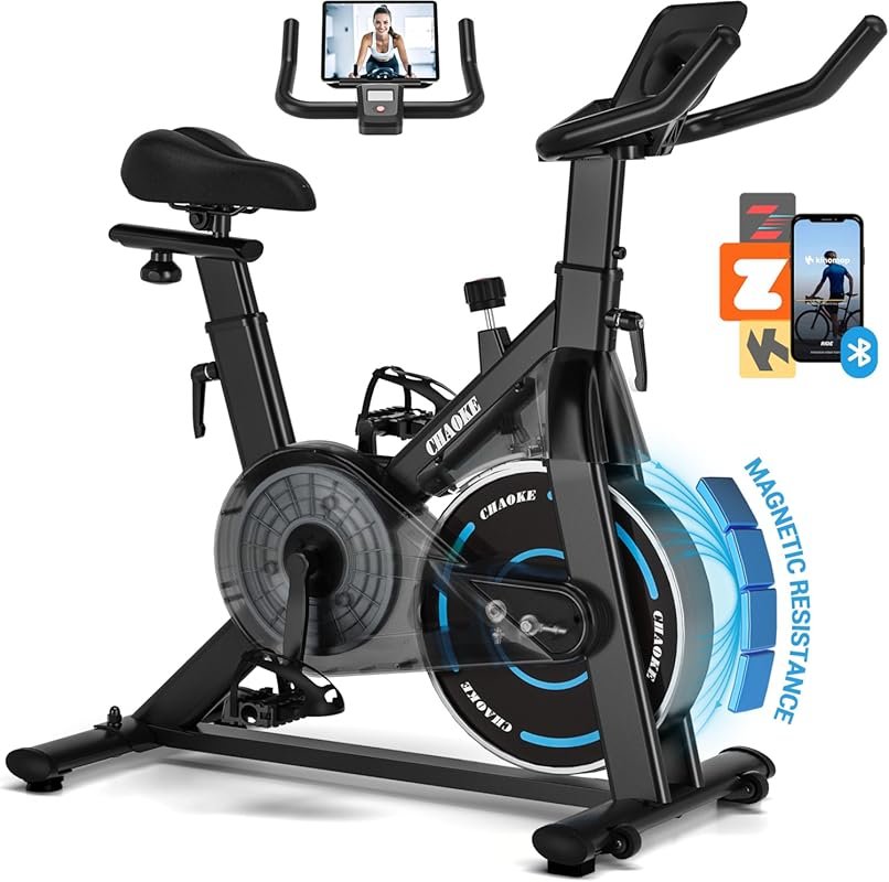 CHAOKE Quiet Magnetic Exercise Bike with App, 350 lb Capacity, Dumbbel