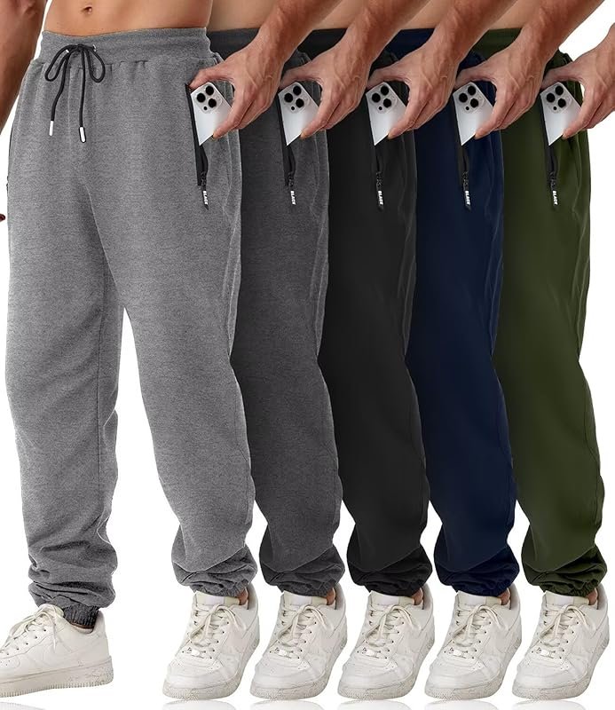 5 Pack Men's Slim Fit Sweatpants with Zipper Pockets for Workout, Runn