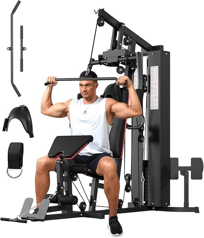 Full Body Home Gym Machine with 150 LBS Weight Stack, Preacher Curl Pad & Leg Developer