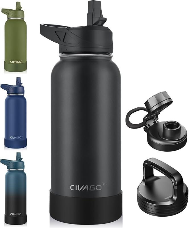 32 oz Black Insulated Stainless Steel Water Bottle with 3 Lids – Straw