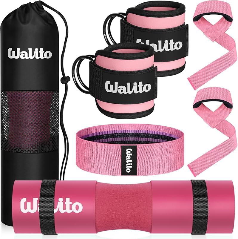 WALITO 7-Piece Barbell Pad Set with Hip Thrust Pad, Ankle Straps, Resi