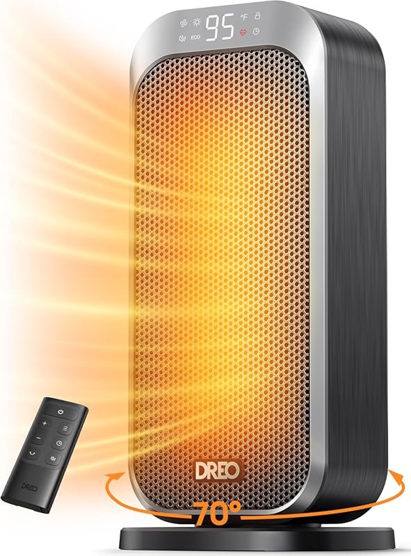 DREO Quiet 1500W Portable Electric Heater with Remote, 70° Oscillation
