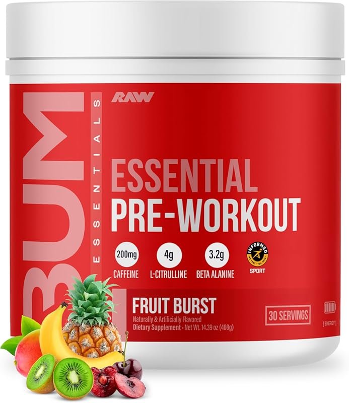 RAW Essential Pre-Workout Powder – Fruit Burst Flavor with Caffeine, L