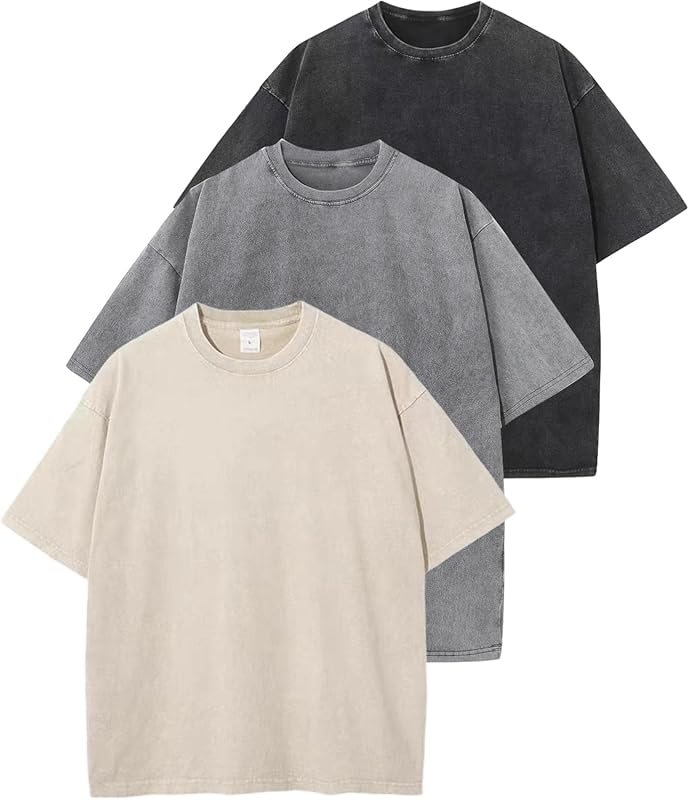 3 Pack Men's Vintage Oversized T-Shirts, Loose Fit Short Sleeve Baggy 