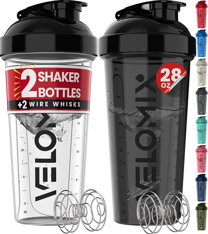 VELOMIX 2-Pack 28oz Protein Shaker Bottles with Wire Whisk – Leak Proo