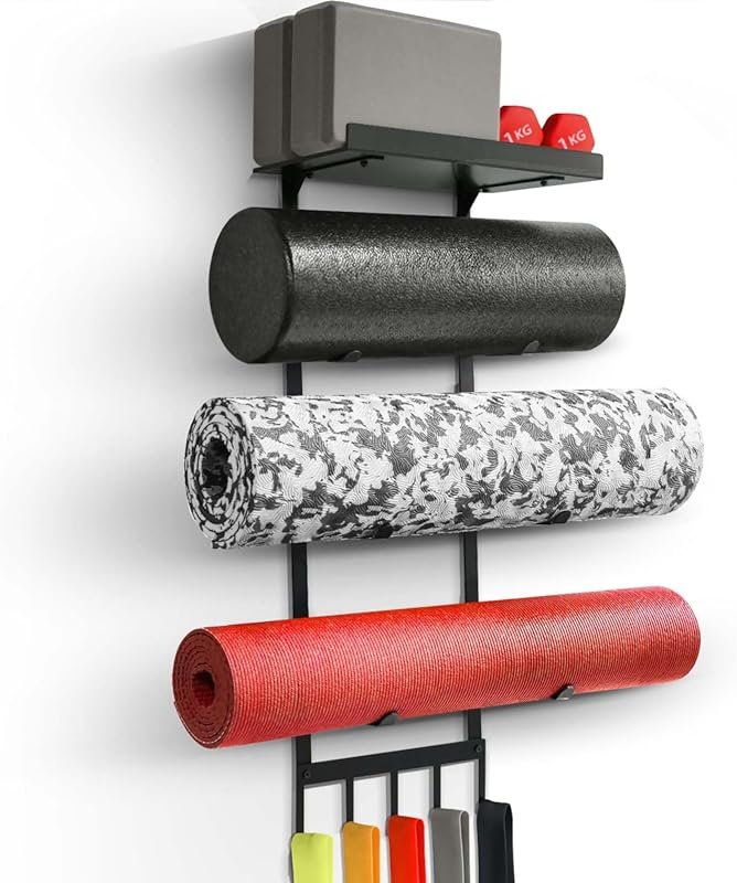 4-Tier Yoga Mat Holder with Floating Shelf & 5 Hooks, Wall Mount Gym S
