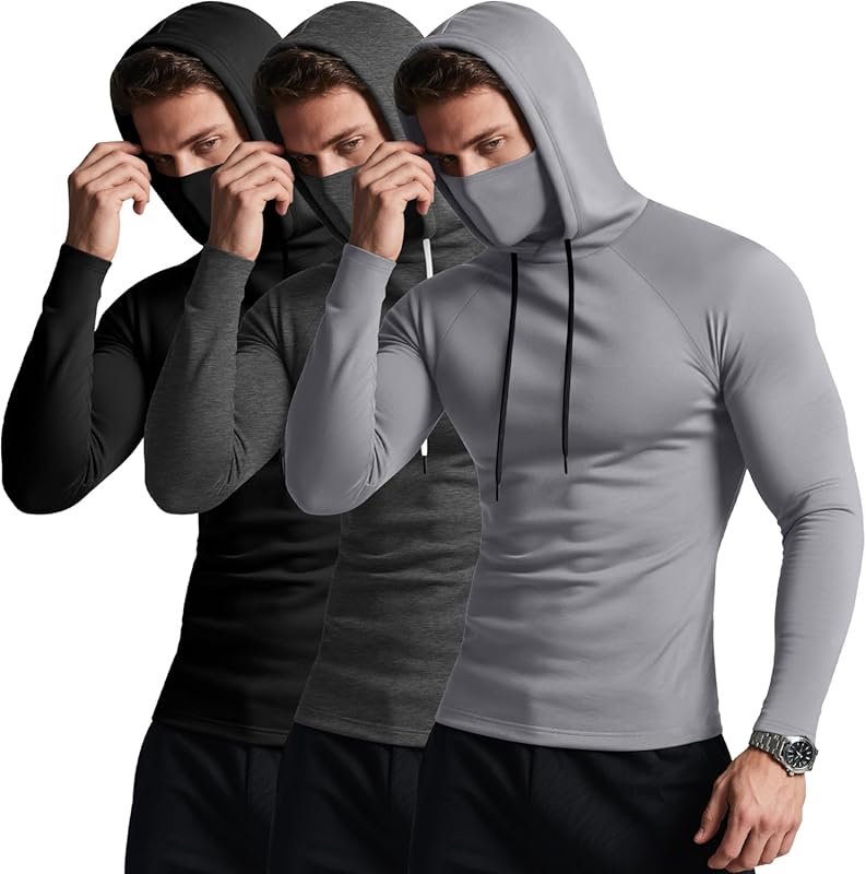 3 Pack Men's Compression Hooded Shirts with Mask – Raglan Long Sleeve
