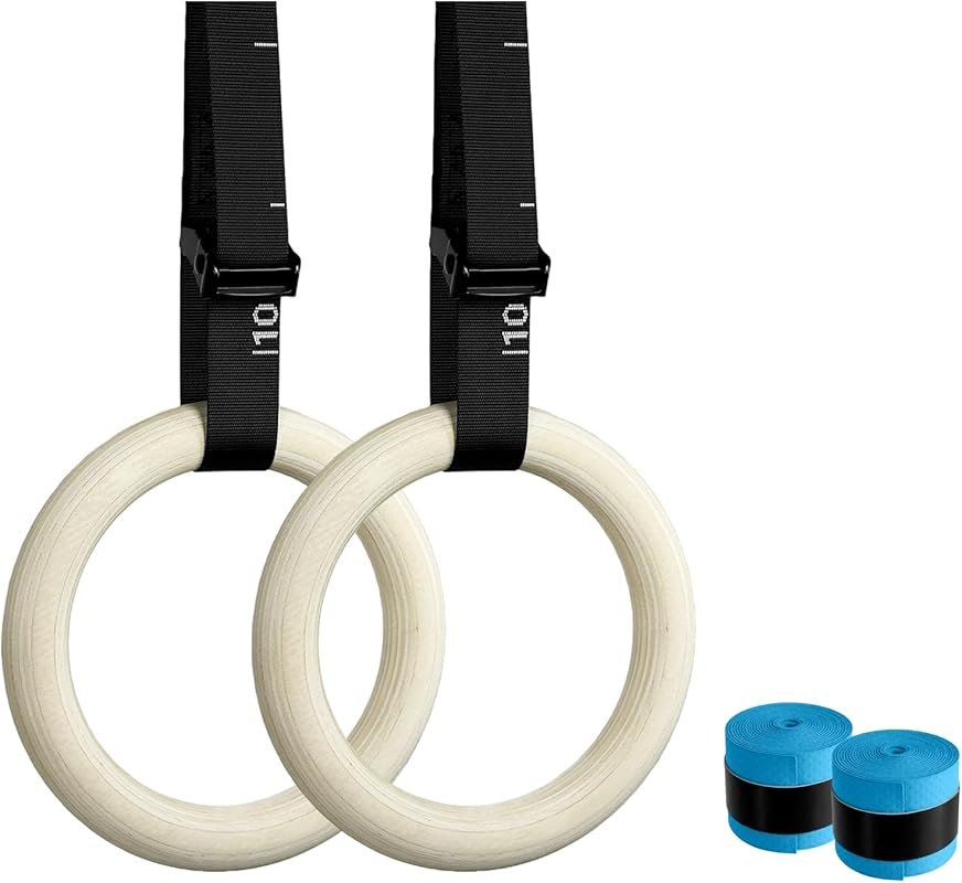 32mm Wooden Gymnastic Rings with Quick-Adjust Numbered Straps for Stre