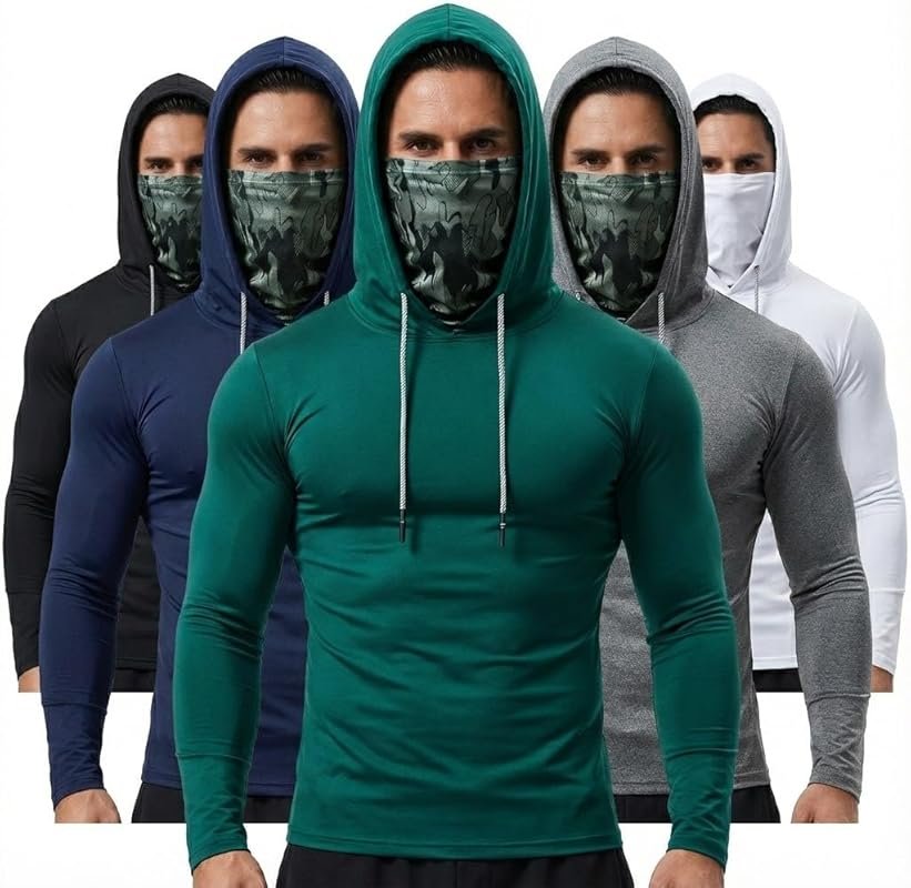 5-Pack Men's Quick Dry Sun Hoodie with Mesh Mask for Fishing, Hiking &