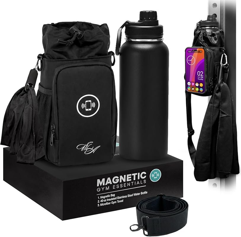 Magnetic Gym Bag & 40oz Insulated Water Bottle Set with Microfiber Tow