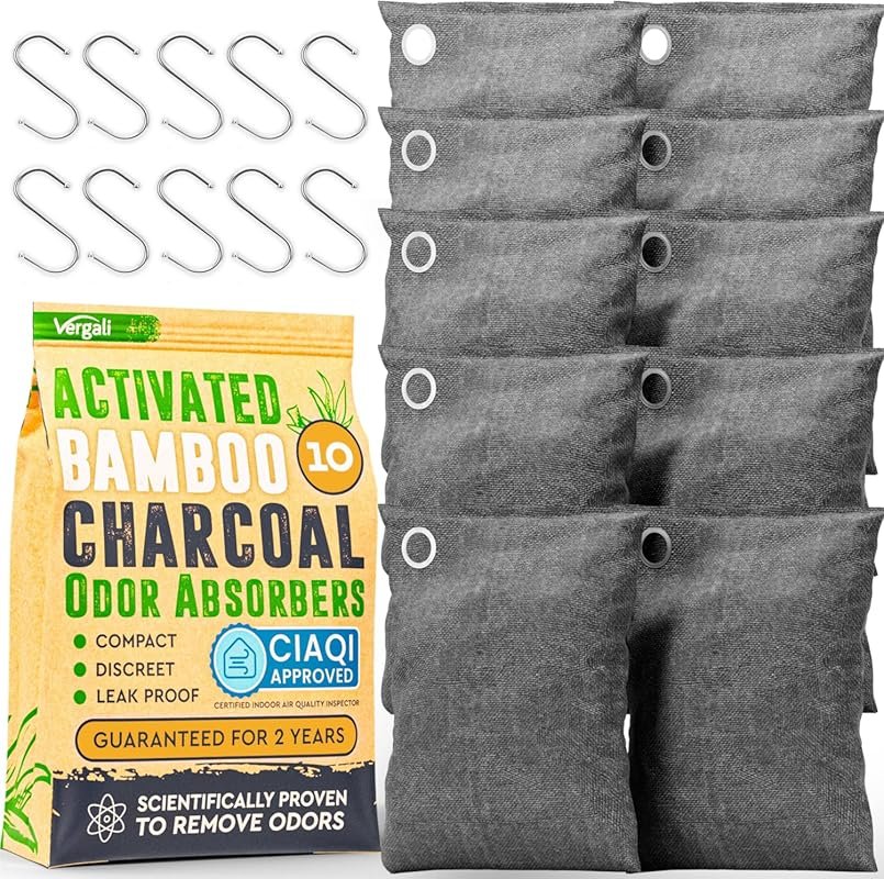 Activated Charcoal Odor Absorber Bags 10 Pack Bamboo Eliminates Strong