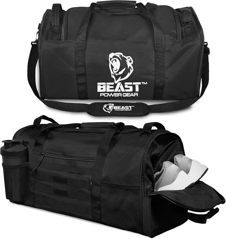 Beast Power Gear Black Gym Duffle Bag with Shoe Compartment Adjustable