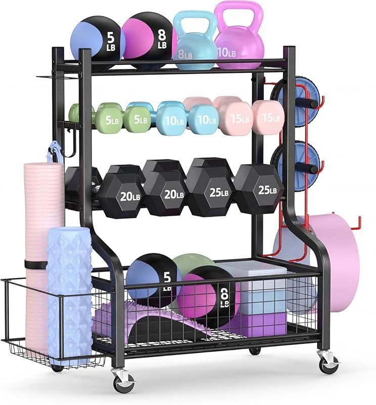 PLKOW Dumbbell Rack with Wheels Hooks for Home Gym Stores Kettlebells 