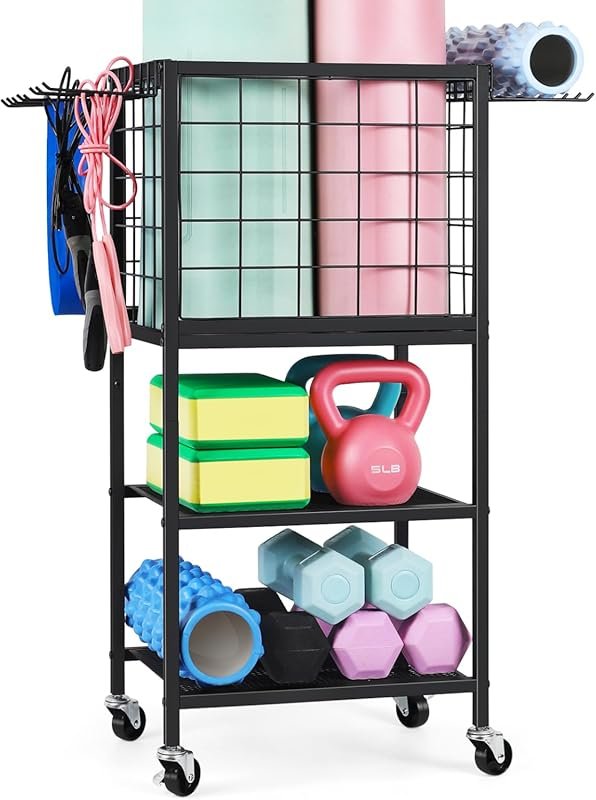ETELI Yoga Mat Storage Rack with Wheels Hooks for Home Gym Dumbbells K