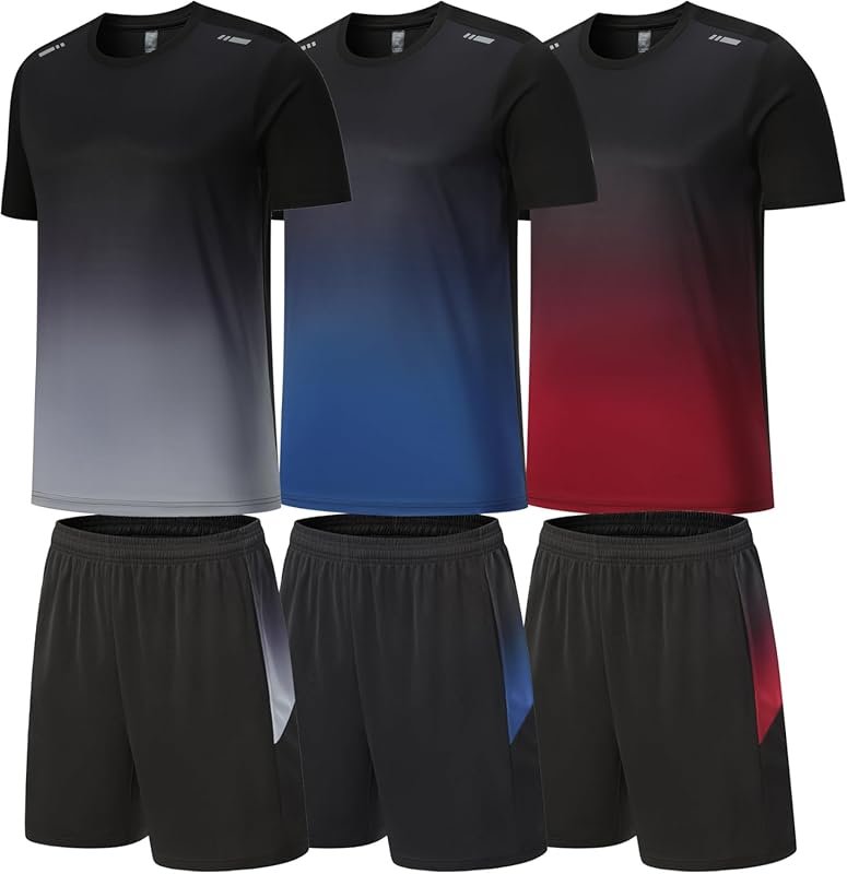 BOOMCOOL Men's 6-Pack Dry Fit Gym Set: Workout Shorts Long Sleeve Shir