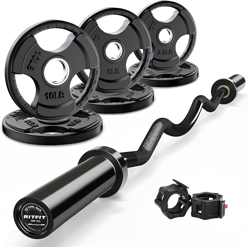 RitFit 2 Inch EZ Curl Bar with Weights 350LBS Capacity Olympic Barbell