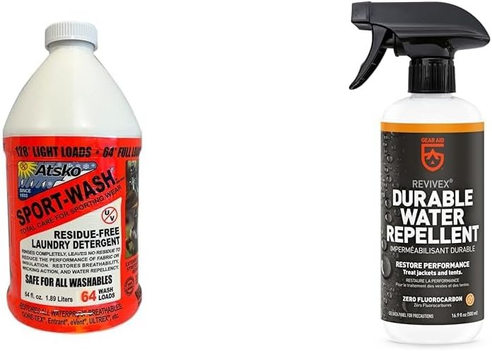 Atsko Sno-Seal Sport Wash Laundry Detergent & GEAR AID Revivex DWR Spray for Waterproofing Gear