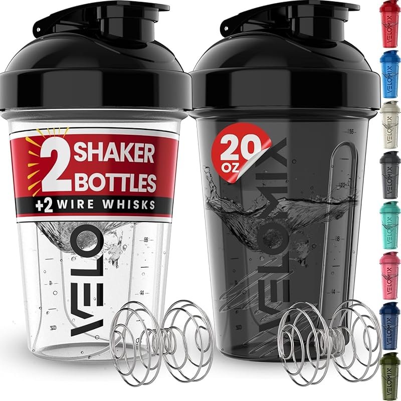 VELOMIX 2-Pack 20oz Leakproof Protein Shaker Bottles with Wire Whisks 
