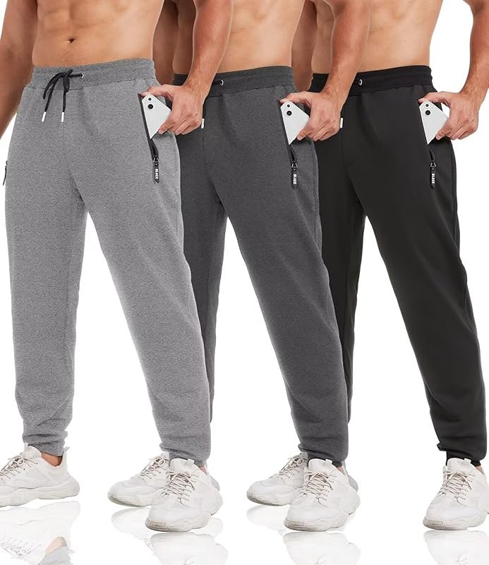 lomsoe 3 Pack Tapered Men's Sweatpants Joggers with Zip Pockets - Slim