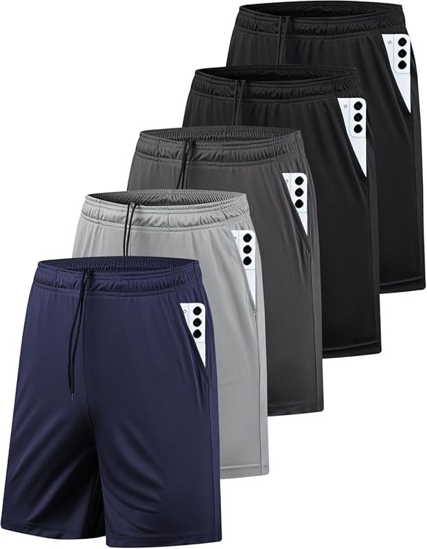 5-Pack Men's Quick-Dry Athletic Gym Shorts with Pockets for Running &