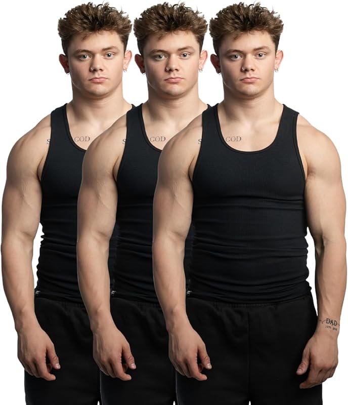 3-Pack Men's Cotton Spandex Ribbed Tank Tops for Gym and Casual Wear
