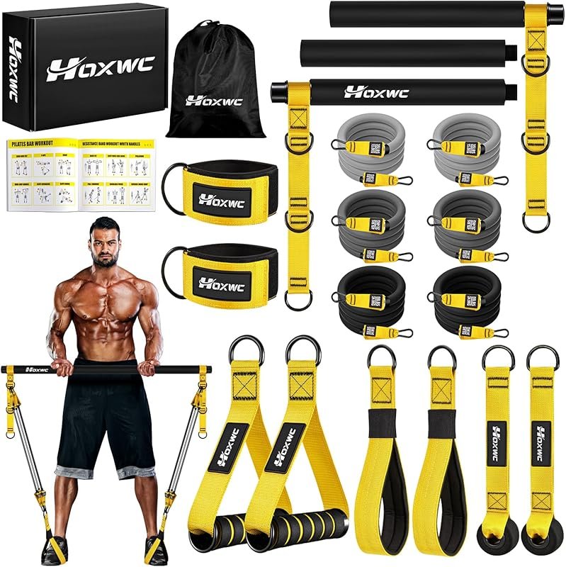 HOXWC Portable Pilates Bar Kit Resistance Bands Adjustable Heavy Duty 