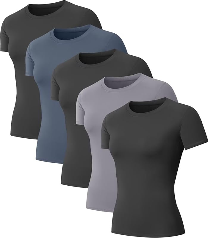 5-Pack Women's Short Sleeve Compression Shirts for Gym, Yoga & Running Workouts