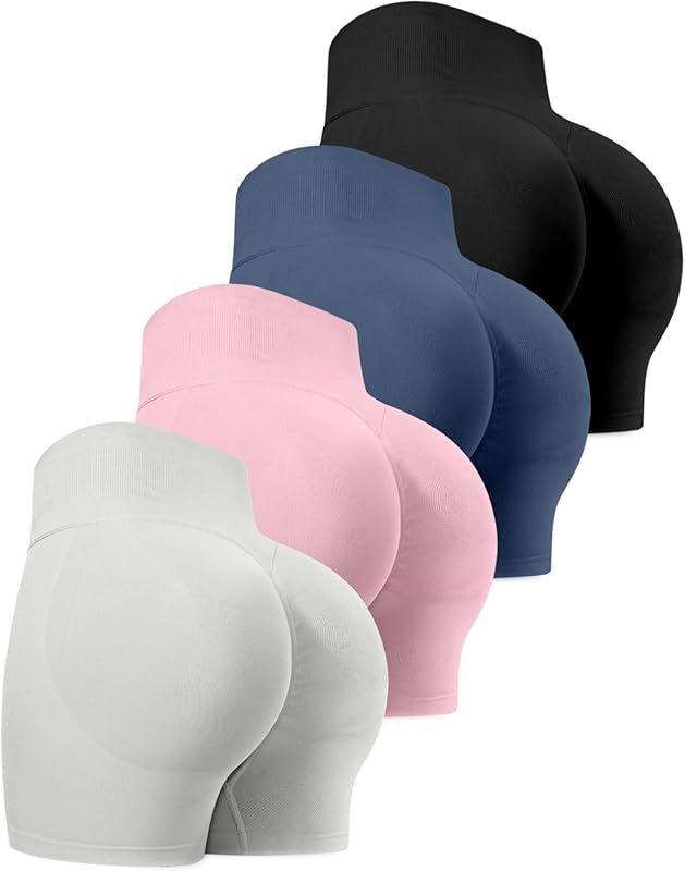 CHRLEISURE High Waisted Butt Lifting Scrunch Seamless Biker Shorts 4-P