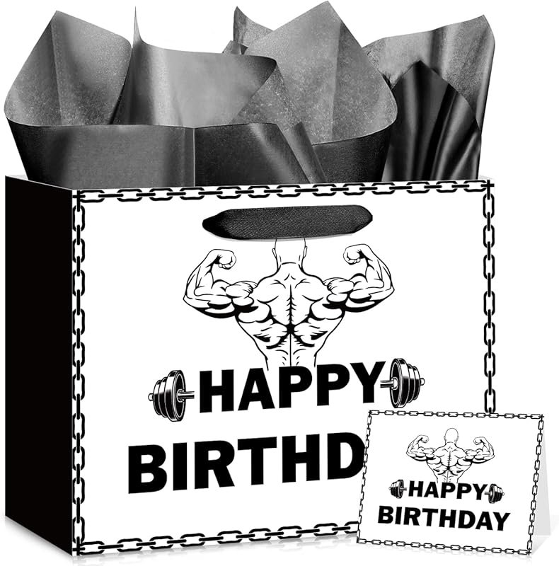 Gym Birthday Gift Bag with Tissue Paper & Card - Fitness Party Decorat