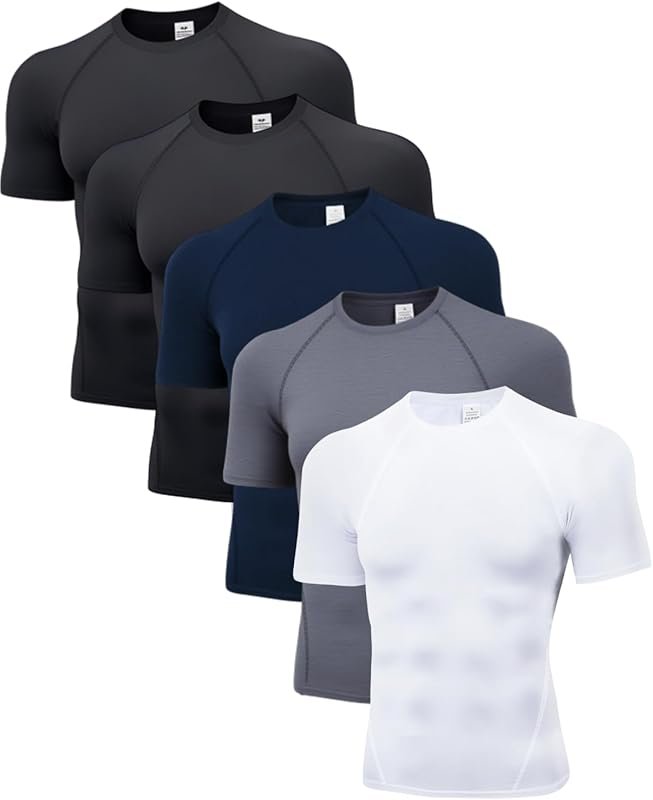 5 Pack Men's Short Sleeve Compression Shirts for Gym, Rash Guard & Athletic Base Layer