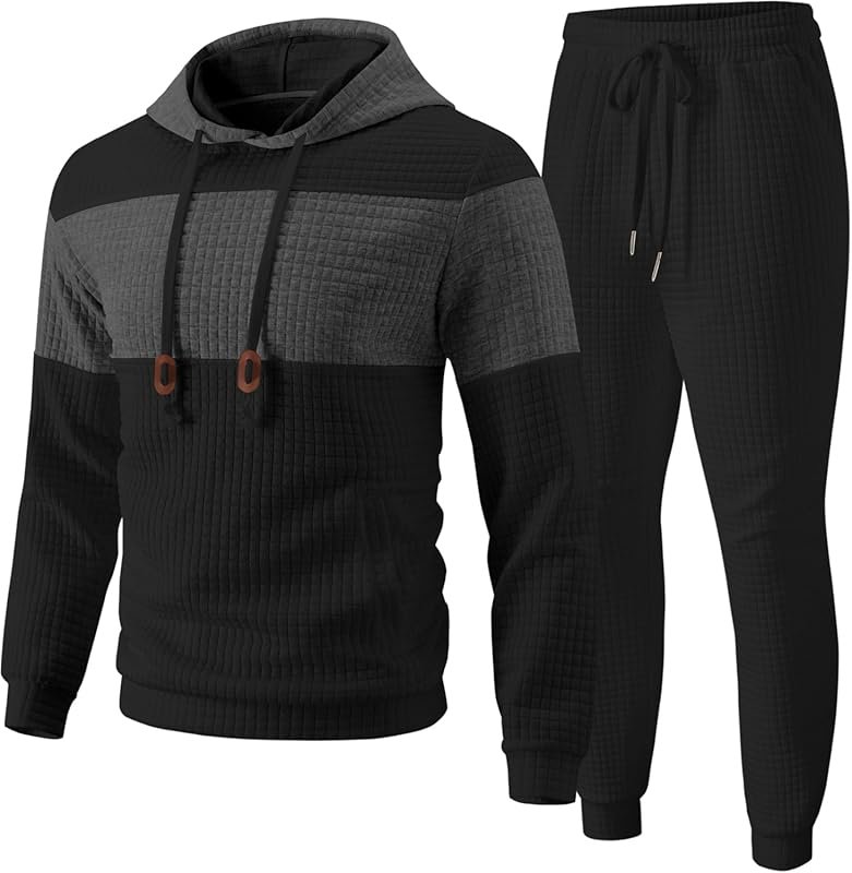 UOUA Men's 2-Piece Waffle Jacquard Tracksuit: Hoodie Sweatpants for Ca