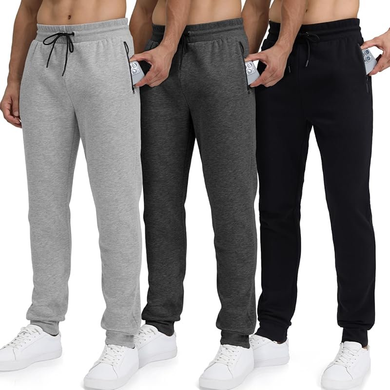 3-Pack Fleece Cotton Men's Sweatpants Joggers with Zipper Pockets for 