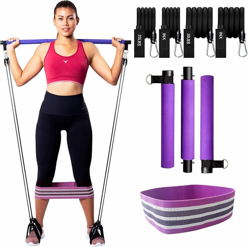 Portable 3-Section Steel Pilates Bar Kit with Resistance Bands Up to 1