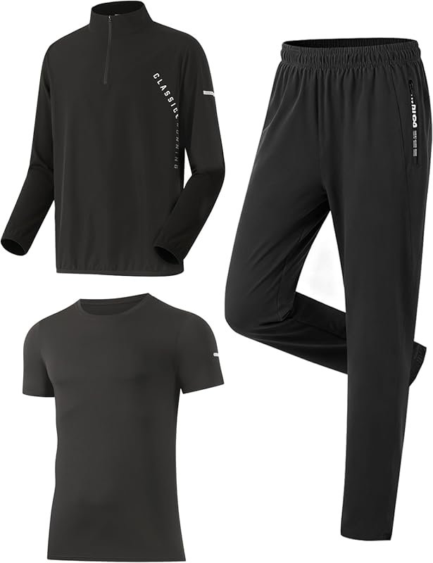 RPOVIG Men's 3-Piece Windproof Tracksuit: Jacket Long-Sleeve Tee Pants
