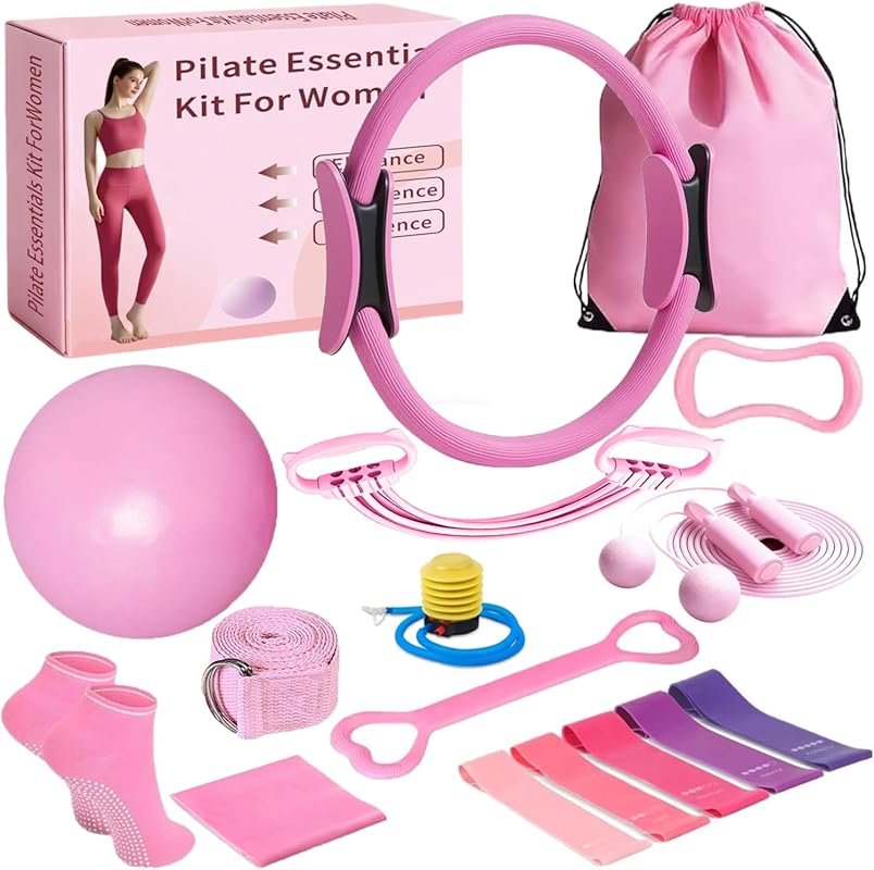 17 Pcs Pink Pilates Ring Ball Set with Socks Jump Rope Resistance Band