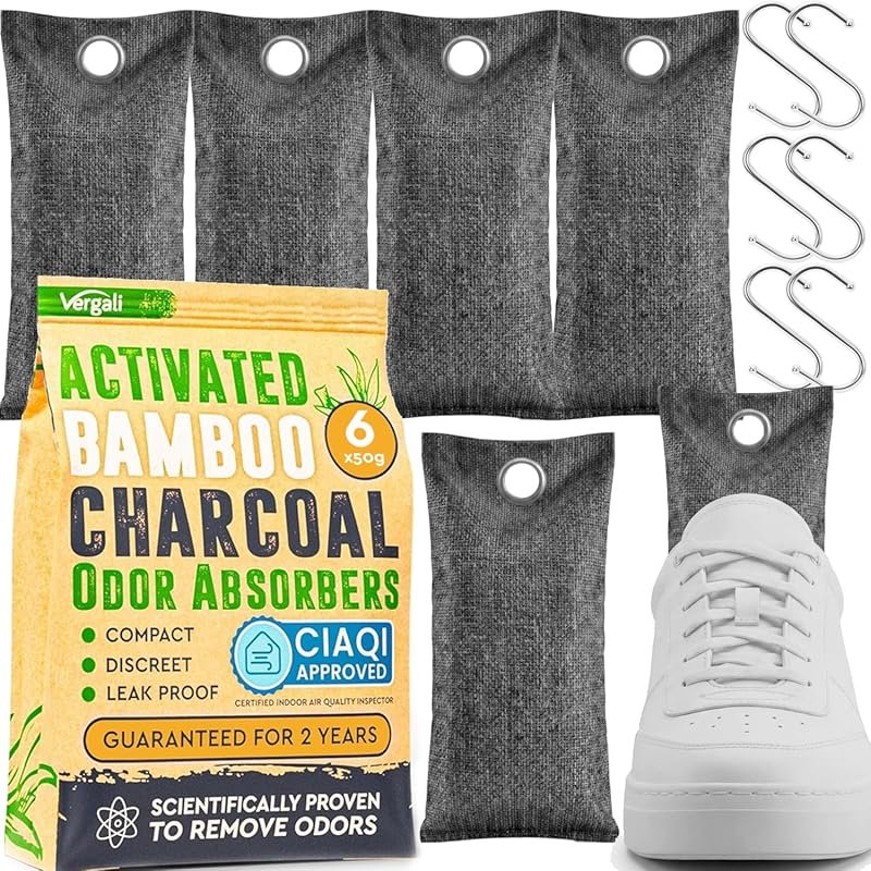 Activated Charcoal Shoe Odor Eliminator Bags 6 Pack Bamboo Removes Car