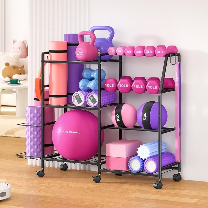 Dumbbell Rack with Wheels Hooks for Home Gym Yoga Mat Kettlebells Exer