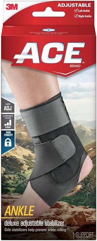 ACE Deluxe Adjustable Black Ankle Stabilizer for Injury Recovery and J