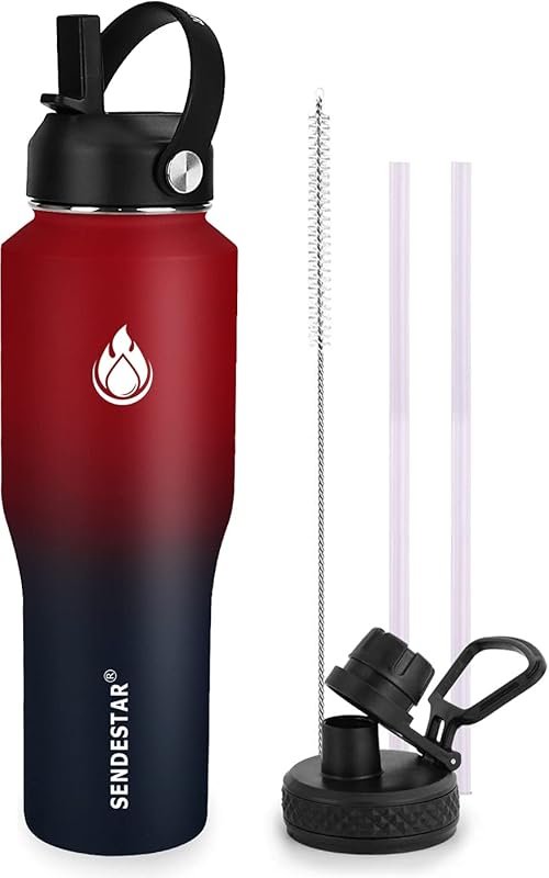 SENDESTAR 32 oz Wide Mouth Vacuum Insulated Water Bottle with Dual Lids, Cup Holder Compatible
