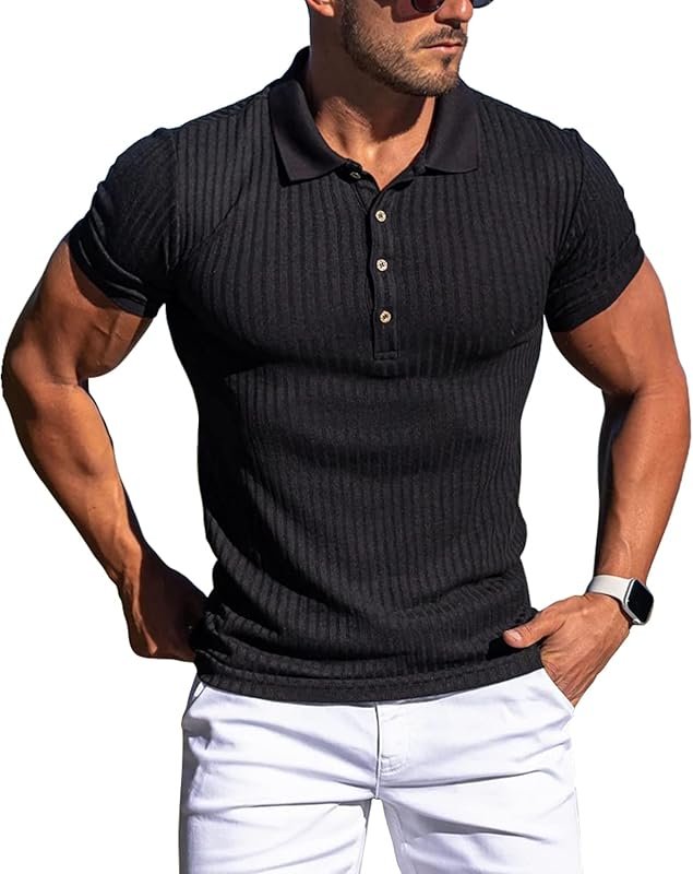 Collared Men's Slim Fit Textured Knit Polo Shirt with Button Closure