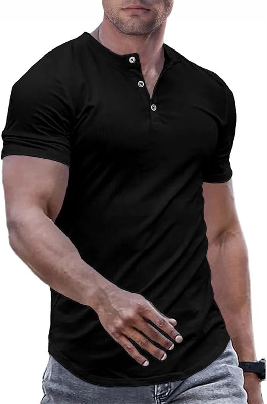 JMIERR Men's Slim Henley Button-Up Crewneck T-Shirt for Gym Workout &