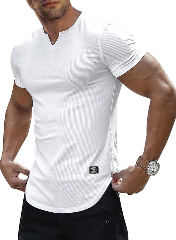JMIERR Mens Muscle Slim T Shirt V Neck Longline Henley Gym Workout Ath