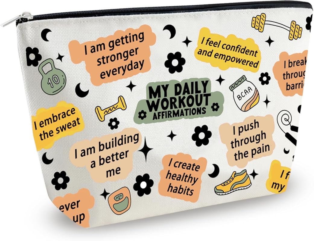 Inspirational Fitness Makeup Bag with Daily Affirmations, Gym Gift for