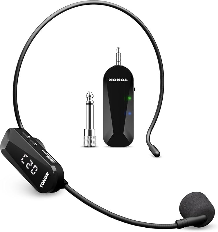 TONOR UHF Wireless Headset Microphone, 2-in-1 Handheld & Ear Mic, 65ft