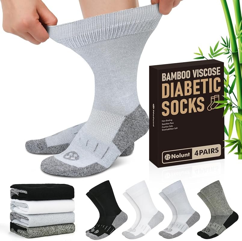 Diabetic Socks for Men – 4 Pairs Non-Binding, Loose Wide Top Crew Sock