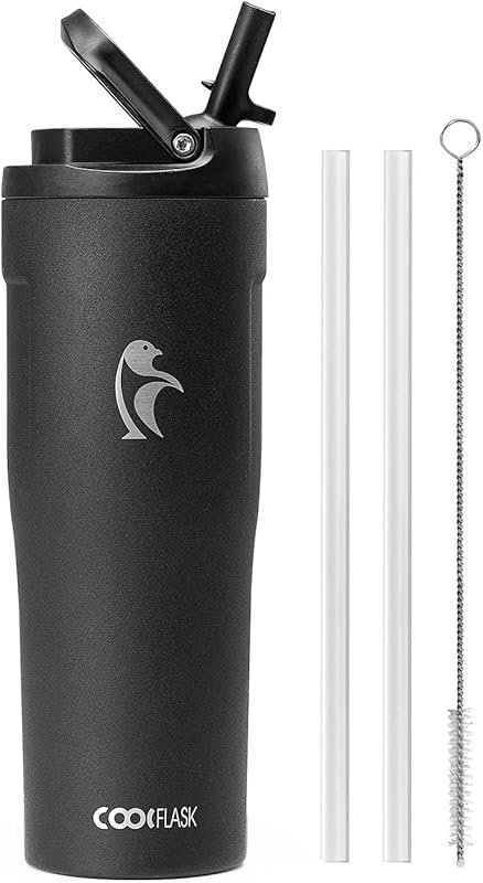 Coolflask 32 oz Slim Stainless Steel Water Bottle with Straw & Handle,