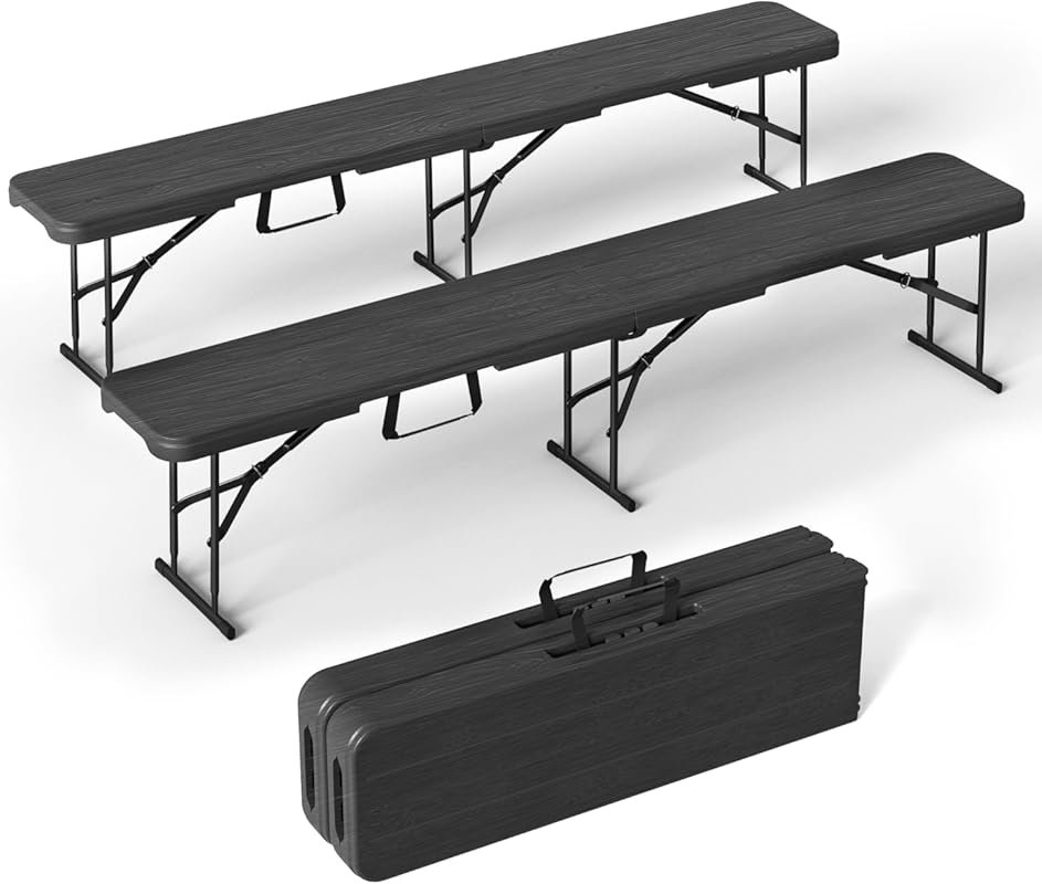 Portable Black Folding Bench 2-Pack for Indoor/Outdoor Picnics, Campin