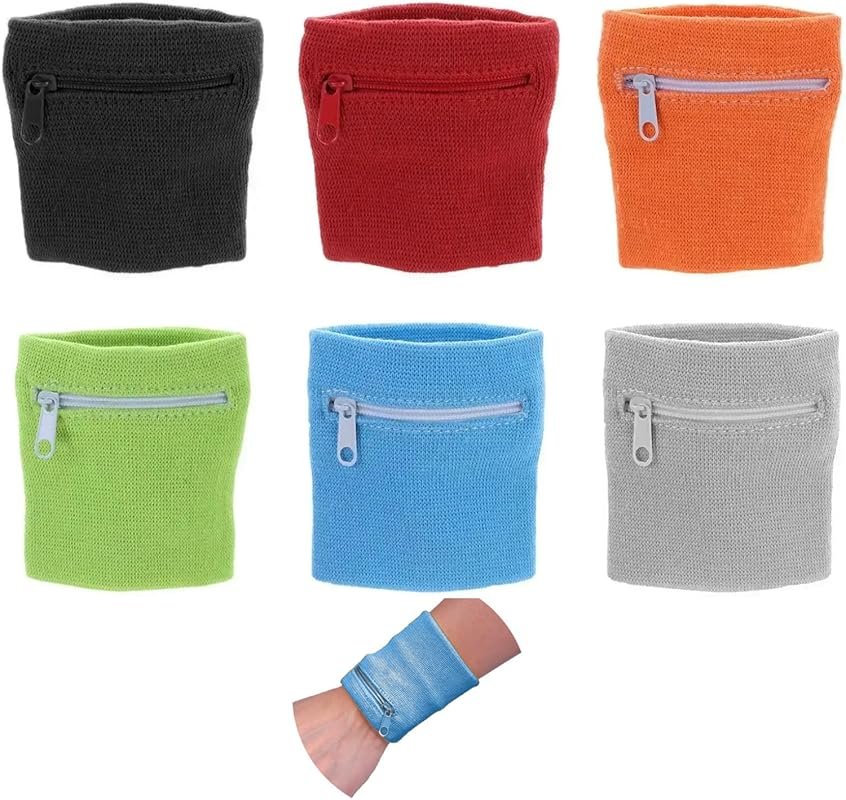 6-Pack Sports Wristbands with Zipper Pocket for Running & Fitness